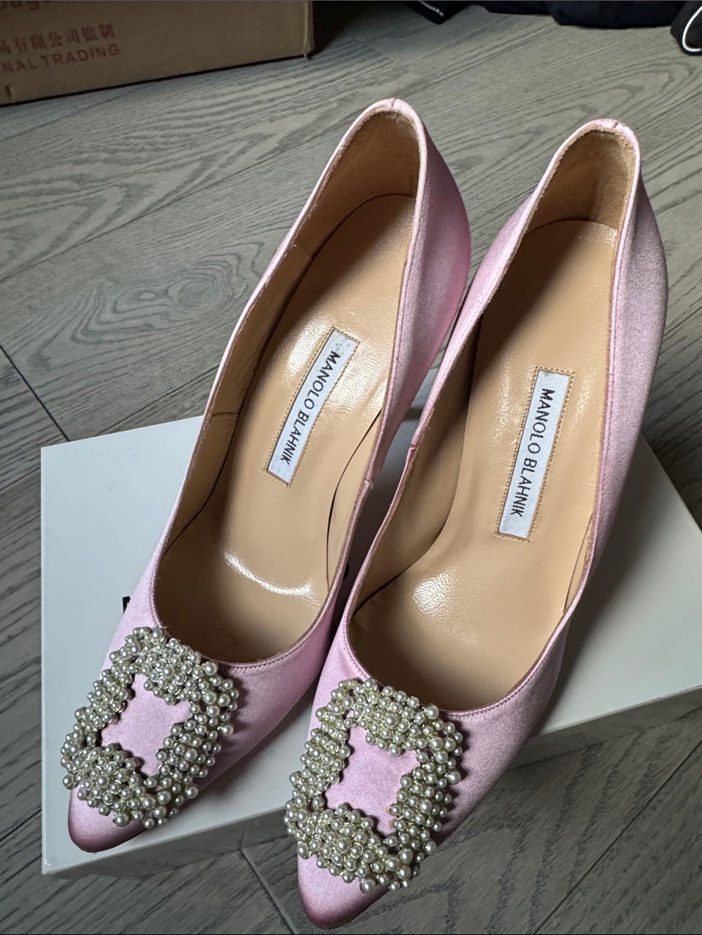 Manolo Blahnik Pink Satin Pumps with Pearl-Embellished Buckles